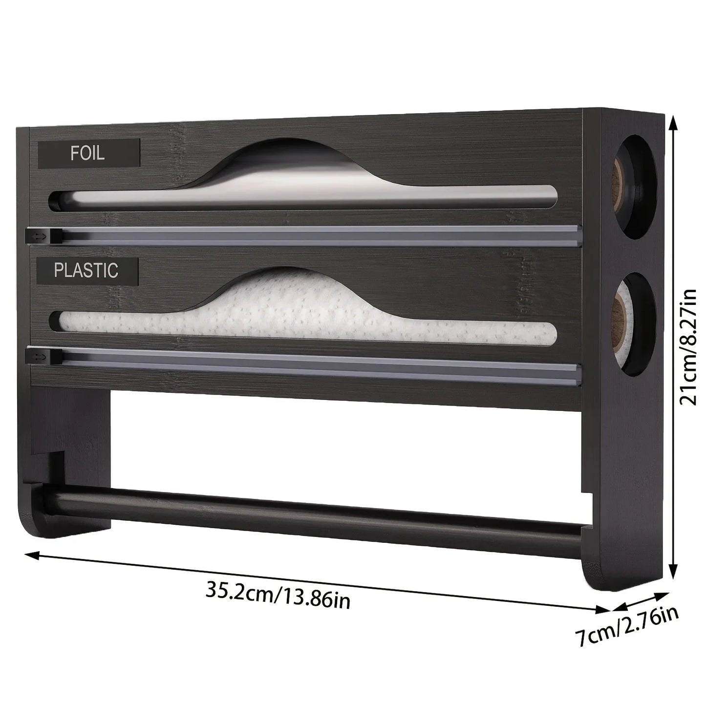 Bamboo 4-in-1 Wall Mount Foil & Plastic Wrap Organizer with Cutter - Kitchen Storage Solution for Wax Paper.