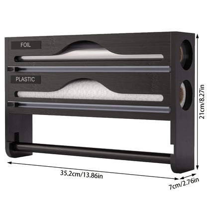 Bamboo 4-in-1 Wall Mount Foil & Plastic Wrap Organizer with Cutter - Kitchen Storage Solution for Wax Paper.