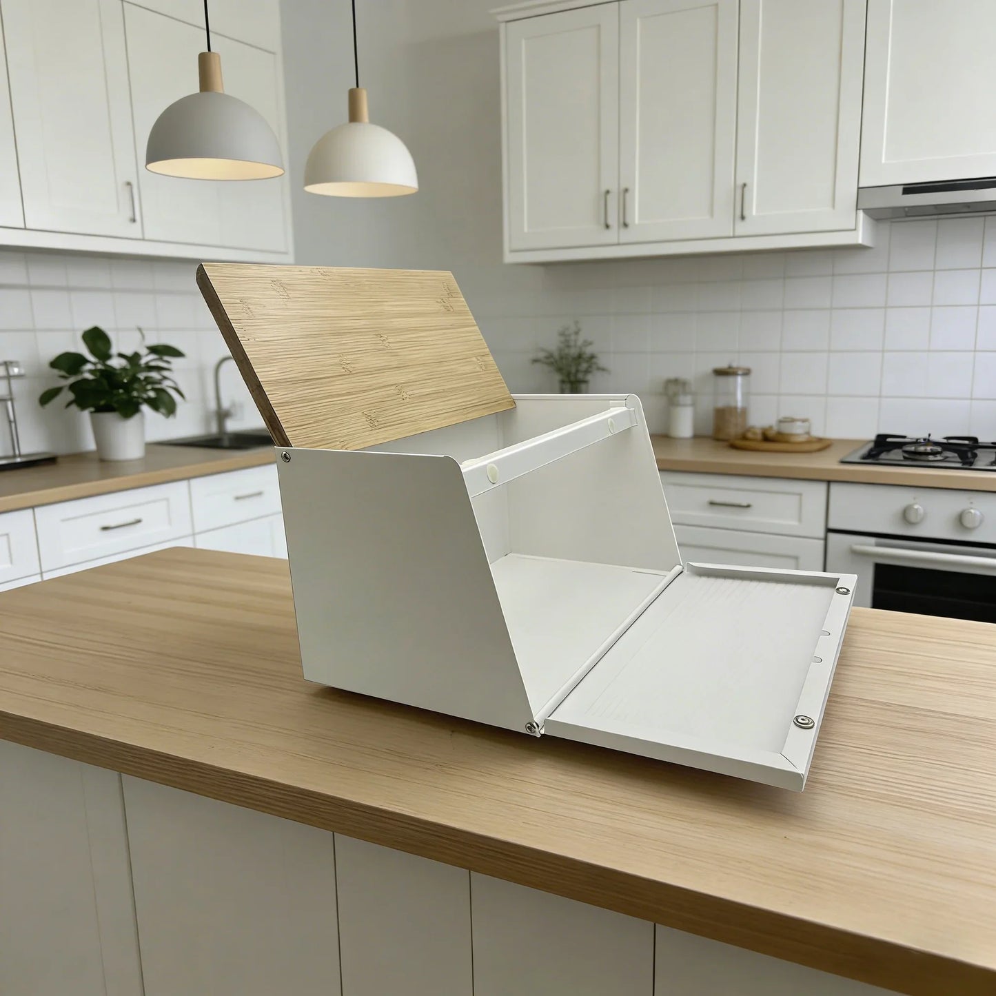 Bamboo lid, metal body, double door trapezoidal kitchen bread box, kitchen storage box (black, white)