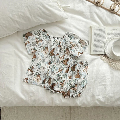 Summer Bamboo Cotton Breathable Kids Girls 2pcs Suit Full Print Cartoon Print T-shirt and Shorts Cool Girls Sets Clothing