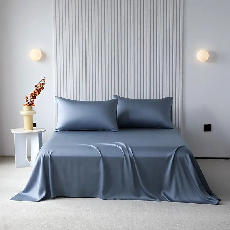 100%Organic Eucalyptus Plain Blue Flat Bed Sheets Lyocell Silky Soft Smooth Breathable Gentle to Skin Pillow shams