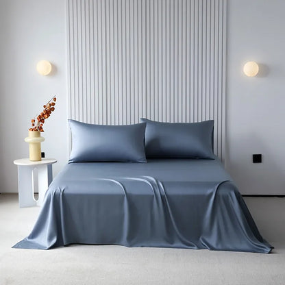 100%Organic Eucalyptus Plain Blue Flat Bed Sheets Lyocell Silky Soft Smooth Breathable Gentle to Skin Pillow shams