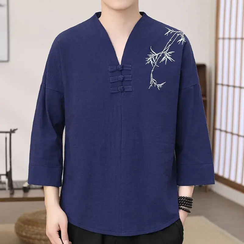 Men's Stylish Loose-Fit Bamboo Leaf Embroidered Zen Robe Traditional Chinese Kung Fu Meditation Breathable Elegant Clothing