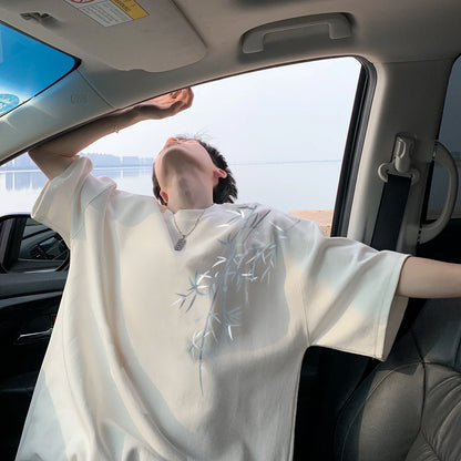 Men's Oversized Bamboo T-shirt Loose Printed Tops Cotton Tshirts Breathable Casual Short Sleeve Tees Streetwear Men Clothing