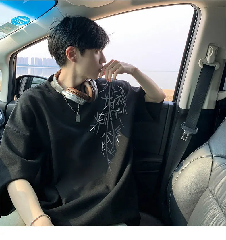 Men's Oversized Bamboo T-shirt Loose Printed Tops Cotton Tshirts Breathable Casual Short Sleeve Tees Streetwear Men Clothing