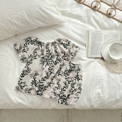 Summer Bamboo Cotton Breathable Kids Girls 2pcs Suit Full Print Cartoon Print T-shirt and Shorts Cool Girls Sets Clothing