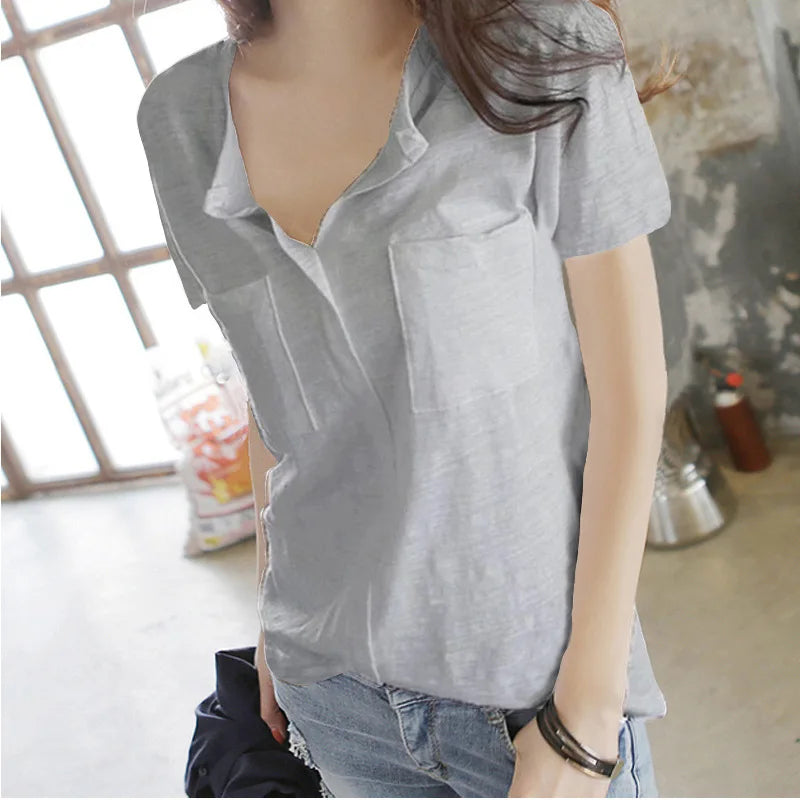 Bamboo Cotton Short Sleeve T Shirt Women Summer V Neck Half Open Neck Solid Color Versatile Top