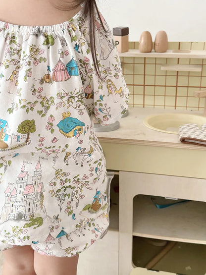 Summer Bamboo Cotton Breathable Kids Girls 2pcs Suit Full Print Cartoon Print T-shirt and Shorts Cool Girls Sets Clothing