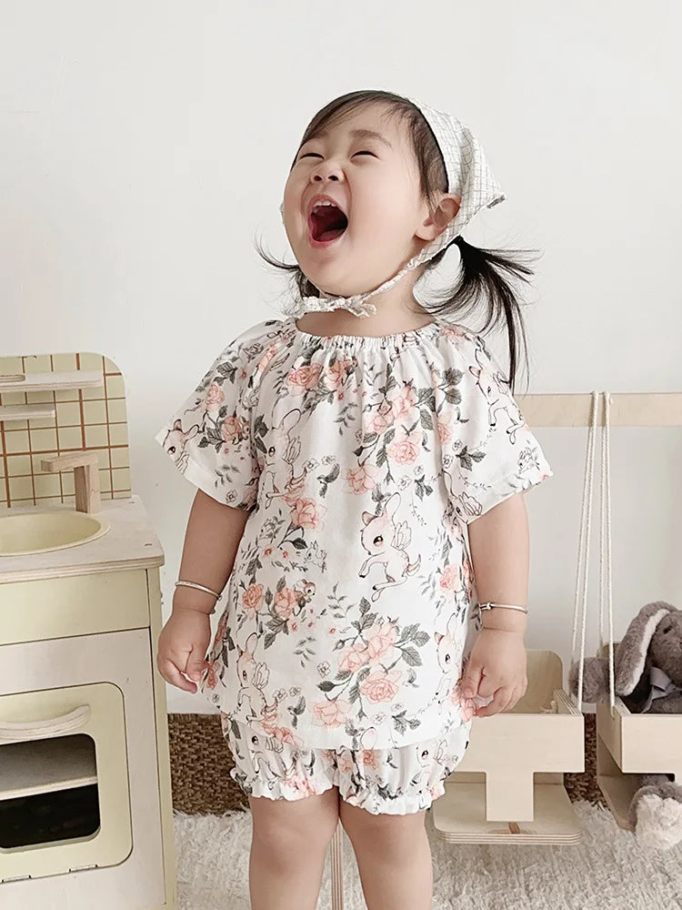 Summer Bamboo Cotton Breathable Kids Girls 2pcs Suit Full Print Cartoon Print T-shirt and Shorts Cool Girls Sets Clothing