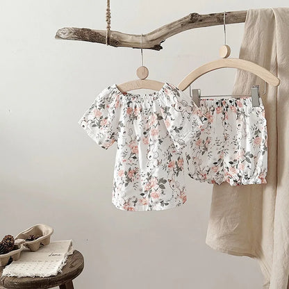 Summer Bamboo Cotton Breathable Kids Girls 2pcs Suit Full Print Cartoon Print T-shirt and Shorts Cool Girls Sets Clothing