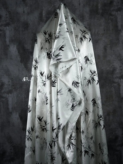 Bamboo Leaf Acetate Silk Printed Fabric New Chinese Fashion High Quality Vertical Womens Dresses Hanfu Pants DIY Design Cloth