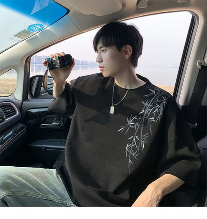 Men's Oversized Bamboo T-shirt Loose Printed Tops Cotton Tshirts Breathable Casual Short Sleeve Tees Streetwear Men Clothing