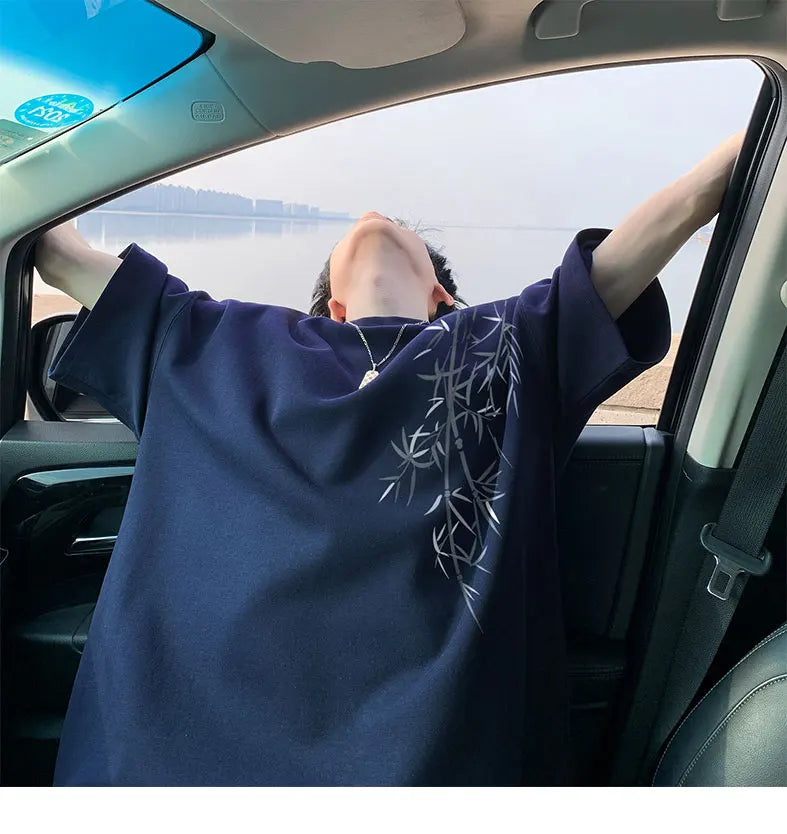 Men's Oversized Bamboo T-shirt Loose Printed Tops Cotton Tshirts Breathable Casual Short Sleeve Tees Streetwear Men Clothing