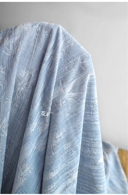 Blue bamboo forest, velvet embossed polyester jacquard cloth, pleated relief Chinese style cheongsam clothing designer fabric