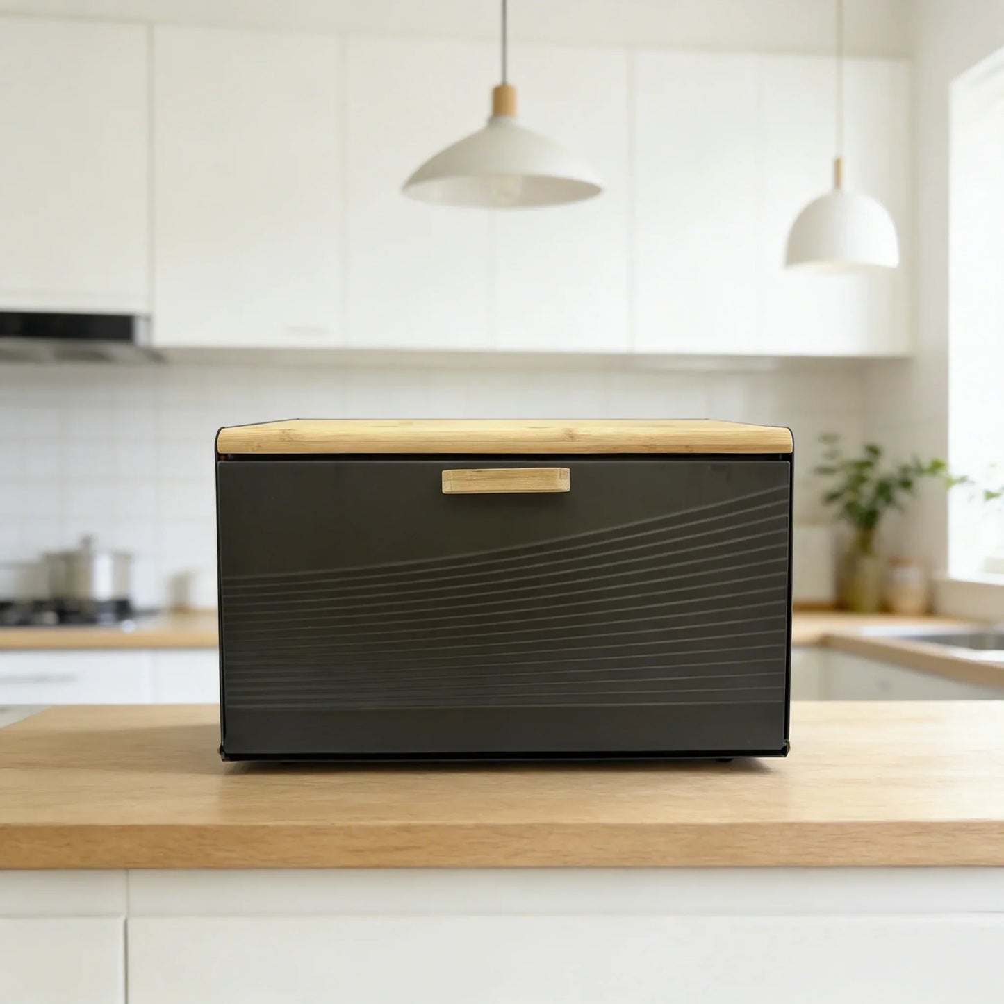 Bamboo lid, metal body, double door trapezoidal kitchen bread box, kitchen storage box (black, white)