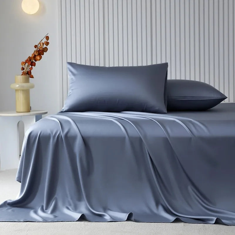 100%Organic Eucalyptus Plain Blue Flat Bed Sheets Lyocell Silky Soft Smooth Breathable Gentle to Skin Pillow shams