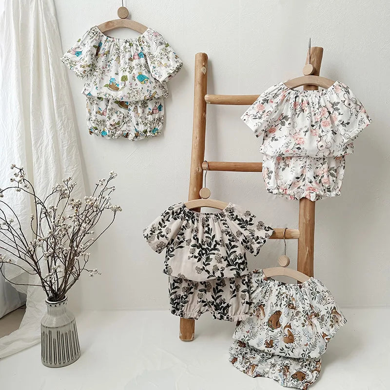 Summer Bamboo Cotton Breathable Kids Girls 2pcs Suit Full Print Cartoon Print T-shirt and Shorts Cool Girls Sets Clothing