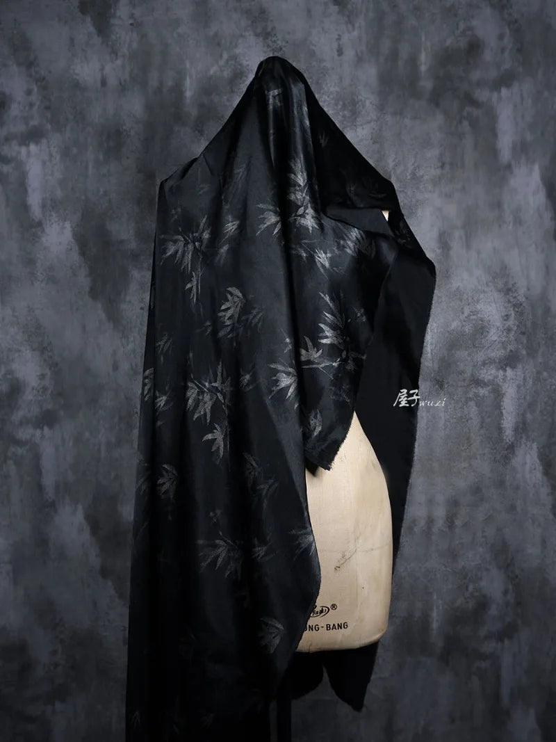 Bamboo Leaf Acetate Silk Printed Fabric New Chinese Fashion High Quality Vertical Womens Dresses Hanfu Pants DIY Design Cloth