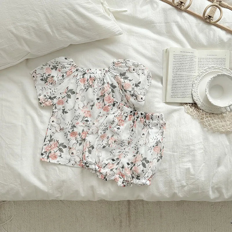 Summer Bamboo Cotton Breathable Kids Girls 2pcs Suit Full Print Cartoon Print T-shirt and Shorts Cool Girls Sets Clothing